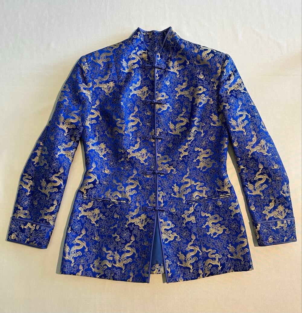 Oriental Dragon Jacket Mandarin Collar Frog Knot Buttons Blue & Gold Medium